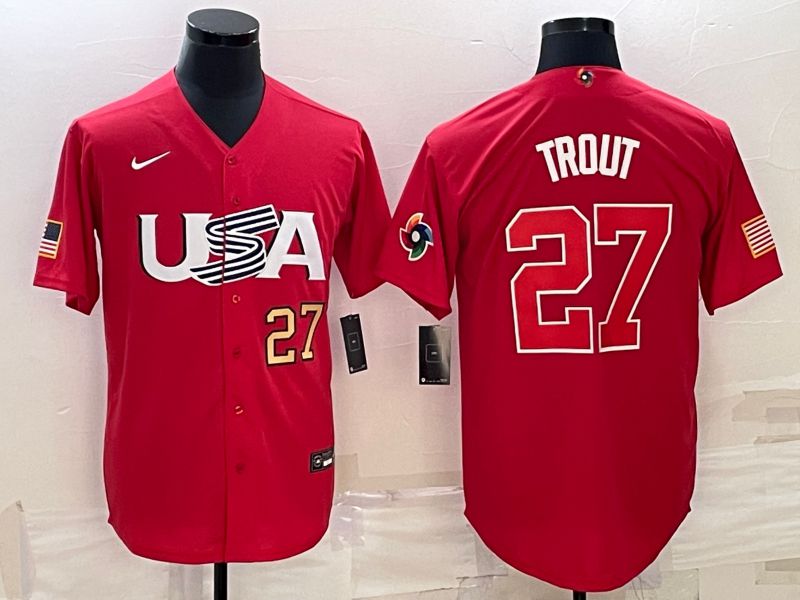 Men 2023 World Cub USA #27 Trout Red Nike MLB Jersey4->more jerseys->MLB Jersey